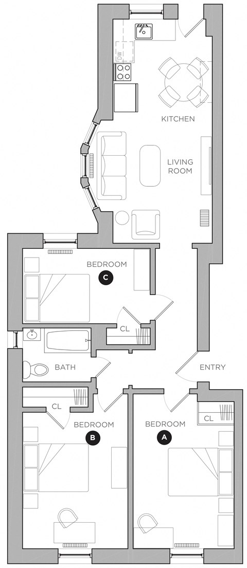 Floor plan for 3 beds, 1 bath, 387 sqft